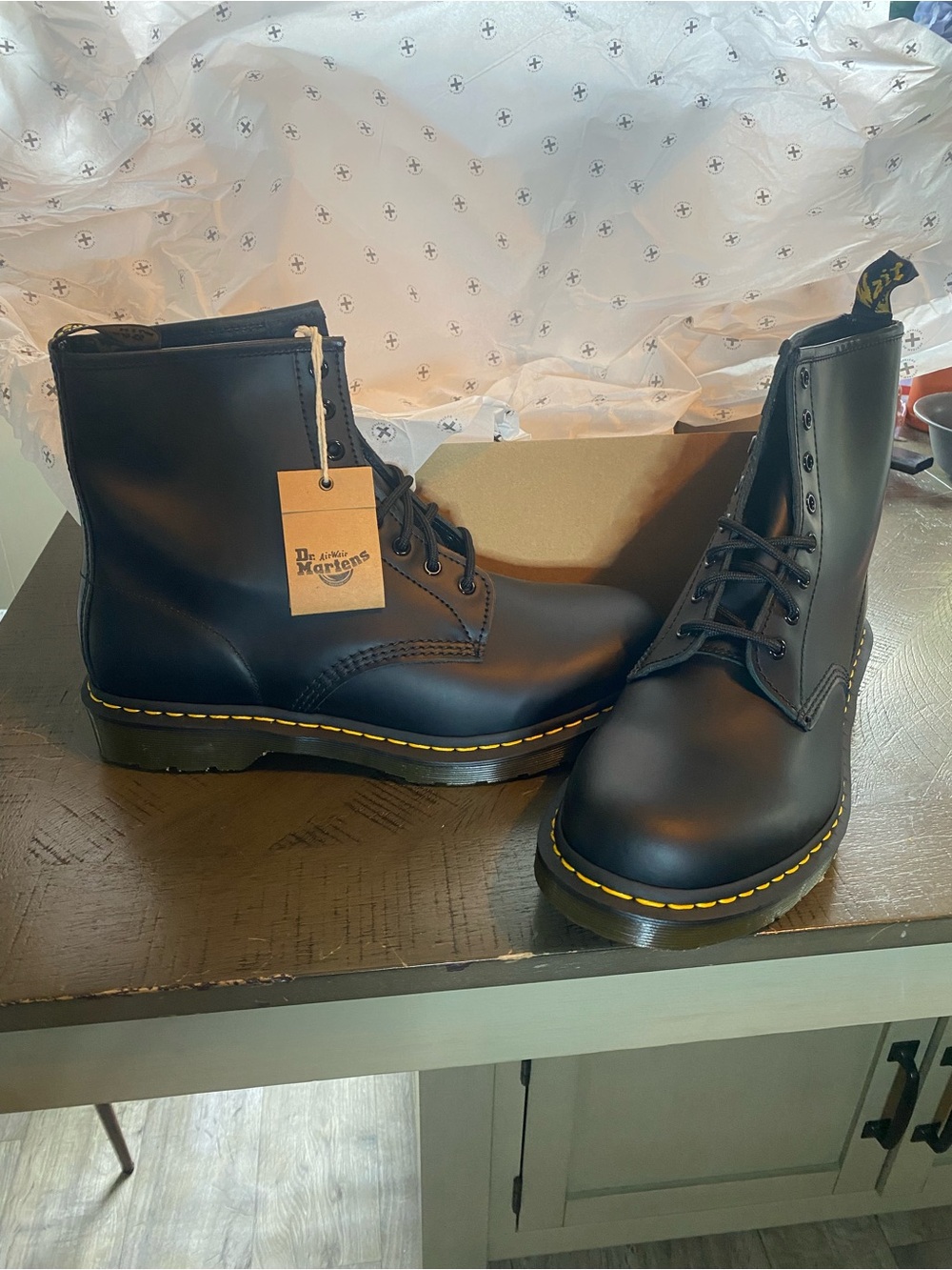 Dr. Martens Black Leather Lace-Up Boots with Yellow Stitching